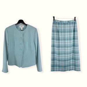 Pendleton Blue Plaid Wool Blazer Midi Length Skirt Set Small
